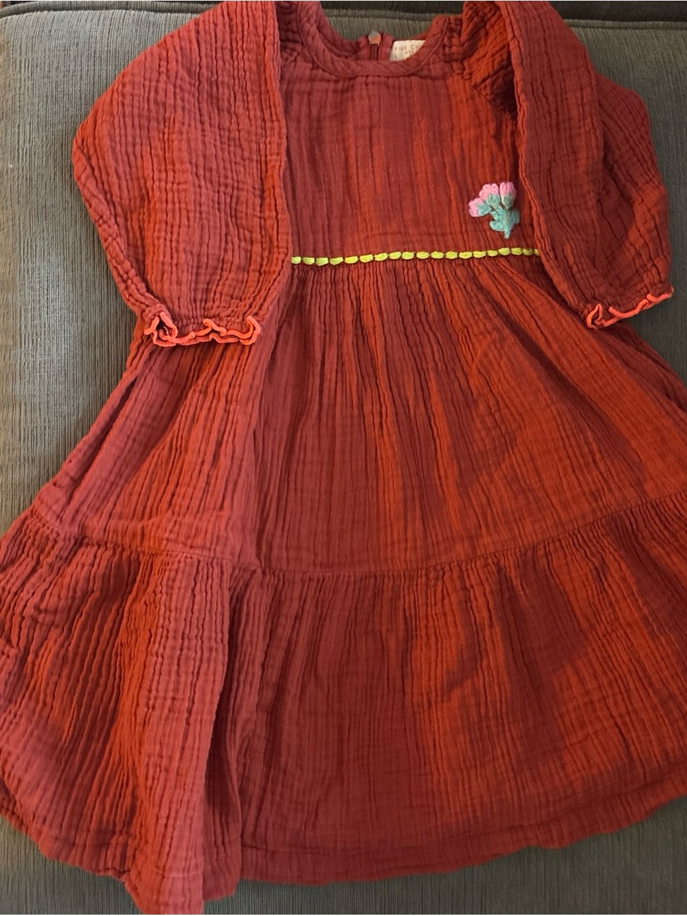 PINK CHICKEN toddler girls Rust Red Cotton Crinkled Dress with embroidery 2T